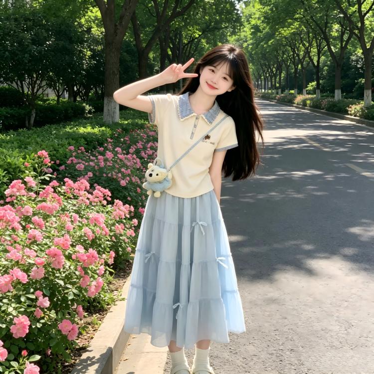 Girl's Polo Collar Half Skirt Korean Sweet Set