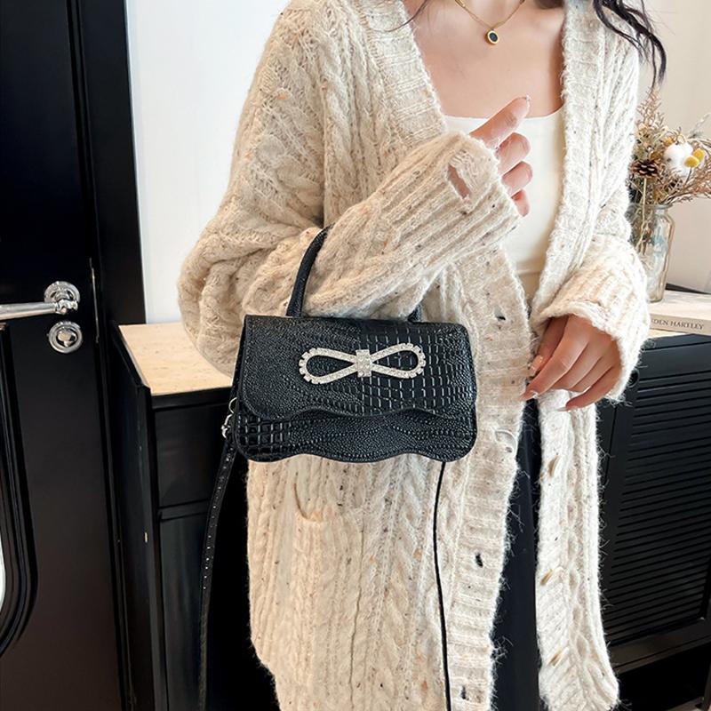 PU Leather Alligator Pattern Small Square Handbag Bow Design Women's Solid Color Fashion Shoulder Crossbody Bag AVE
