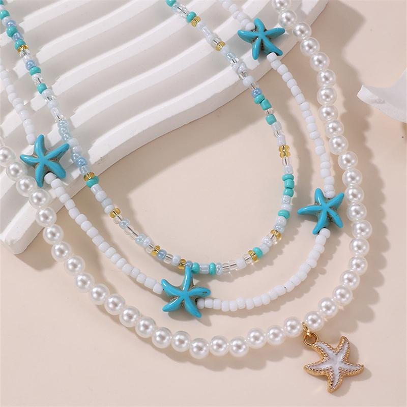 Bohemian Multilayer Rice Bead Chain Clavicle Necklace Vintage Acrylic Turtle Starfish Shell Pendant Choker Women'S Beach Jewelry