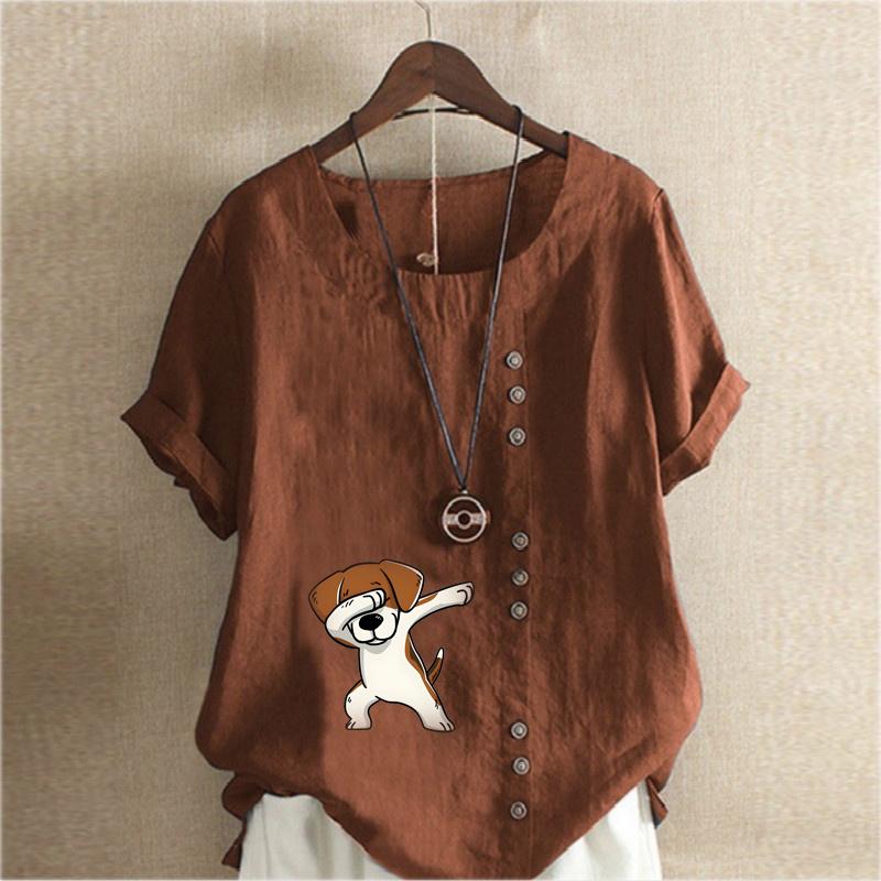 Women's Fashion Round Neck Short Sleeve T-shirt Casual Cotton Linen Graphic Shirt Lovely Dog Prined Summer Blouse Tops Plus Size