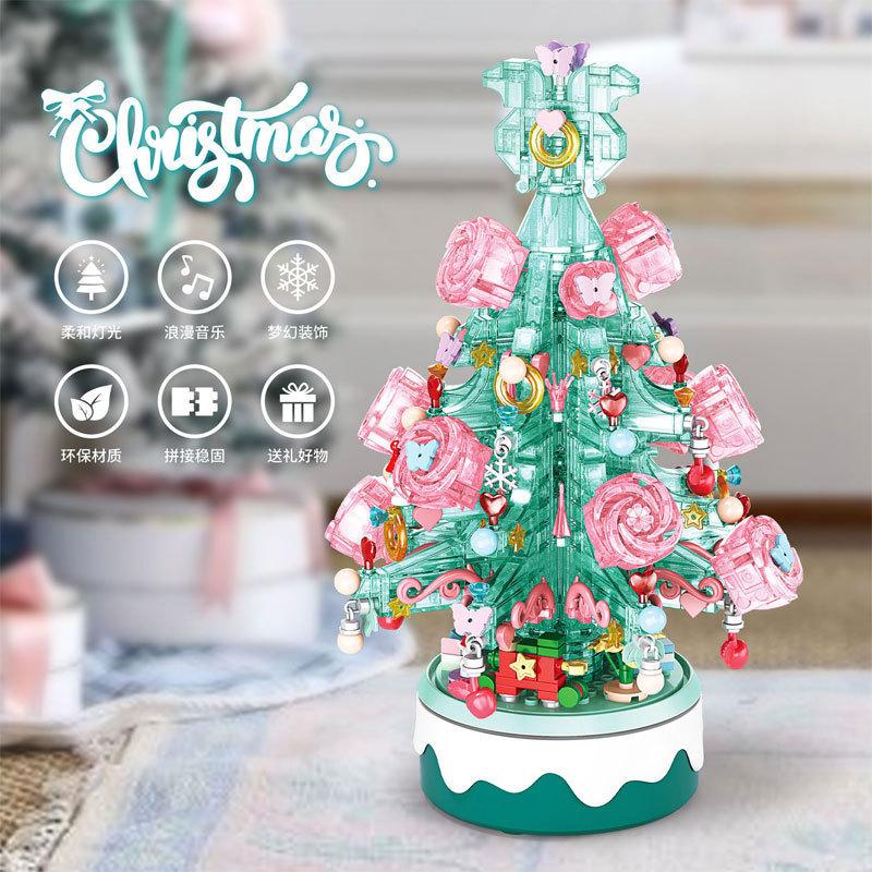 DIY Lights Christmas Tree Music Box Pink Gifts Train Elk Santa Claus Architecture Xmas Building Blocks Bricks Kits Toys