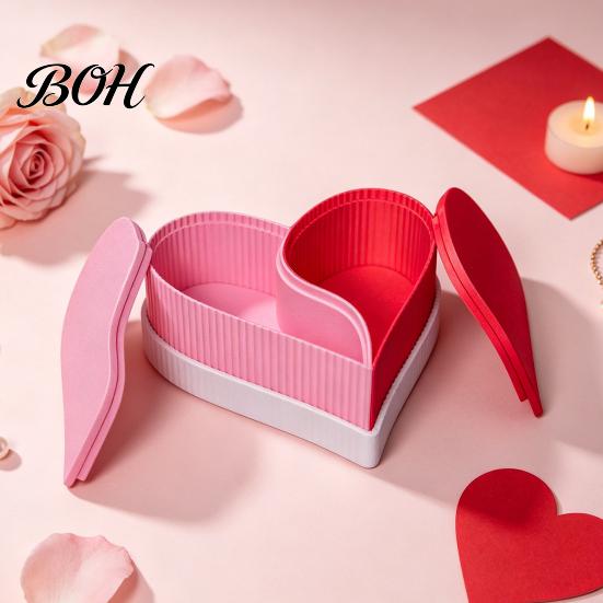 Creative Jewelry Display Case Heart Shape Storage Box, 3D Printed Detachable Dual Compartment Organizer, Decorative PLA Material Box Pink Red with Lid