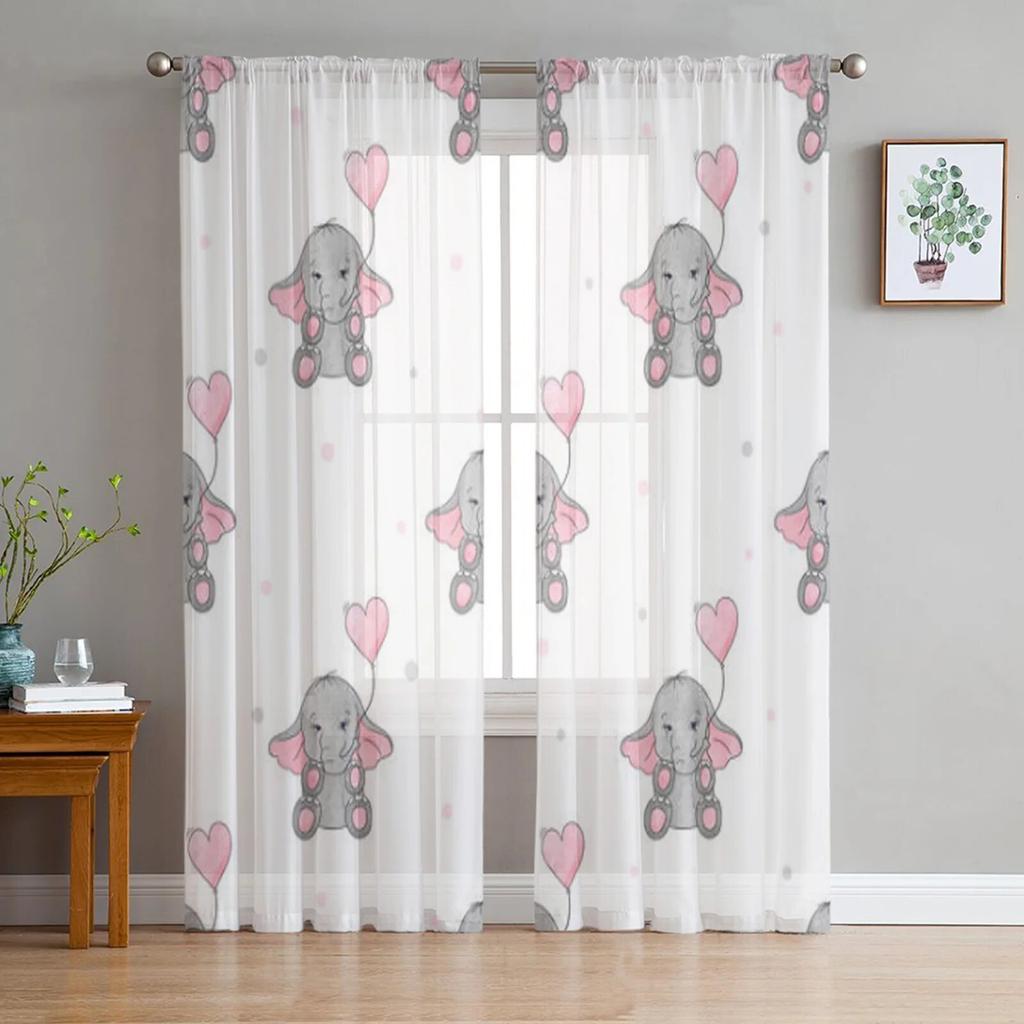 Elephant Mom And Baby Tulle Sheer Curtains For Kitchen Window Living Room Modern Voile Curtain Bedroom Drapes