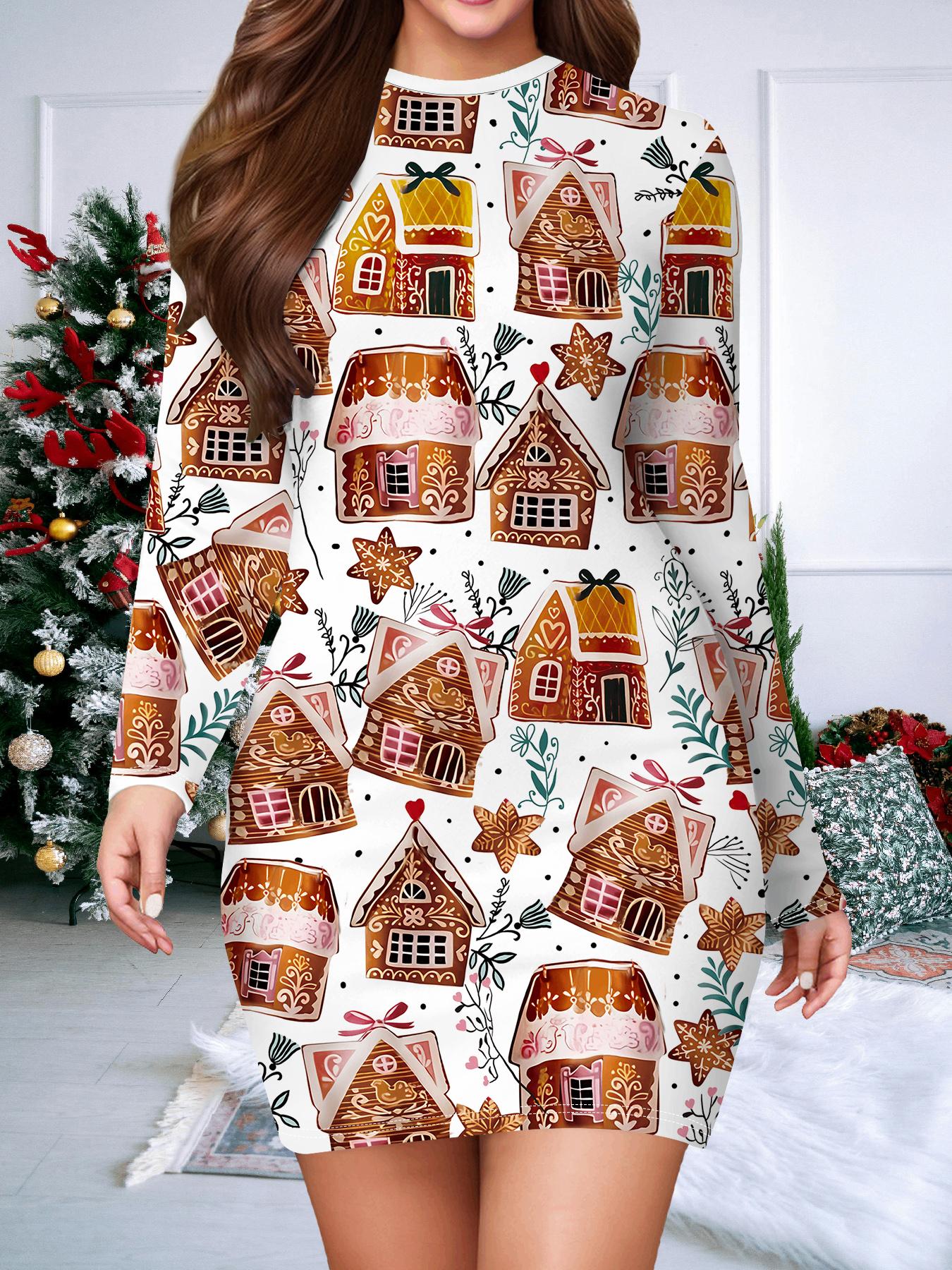 

2025 Осень и Зима Новое Женское Платье в Облипку, 3D Принт и Окрашивание Санта-Клауса Женская Мода Длинный Рукав Круглый Вырез Сексуальное Платье в Облипку XXL белый