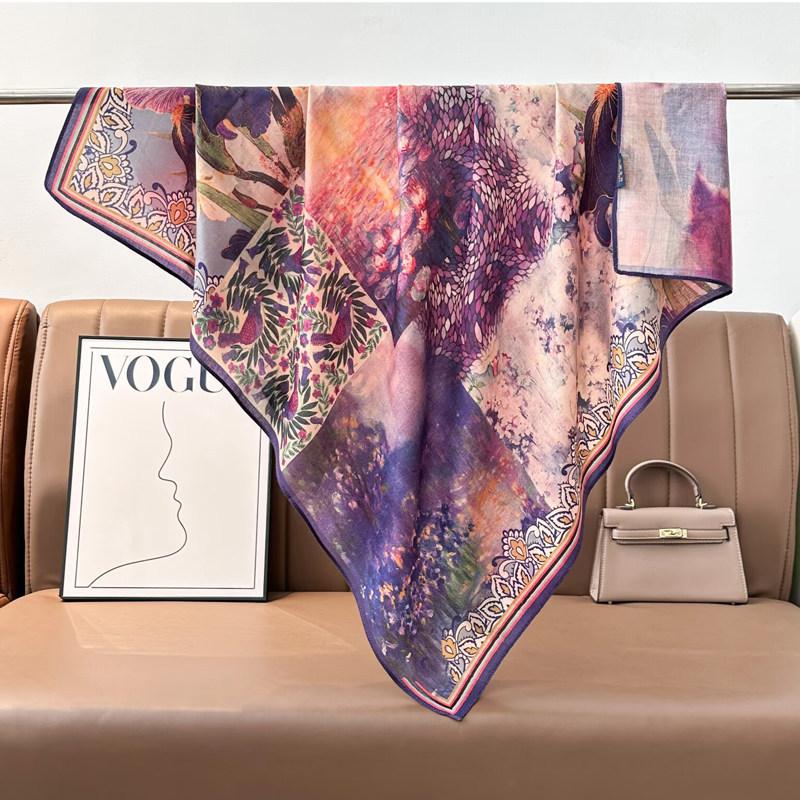 Pastoral Floral Velvet Double-sided Scarf 91 Large Square Scarf Women's Summer Travel Photo Silk Scarf Sun Protection Shawl