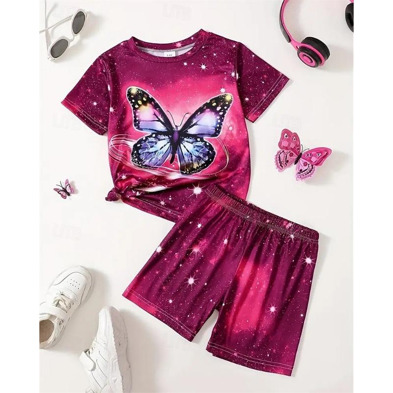 Mädchen 3D Schmetterling T-Shirt & Shorts Set Kurzarm Sommer Frühling Sport Mode Täglich Kinder 4-12 Jahre