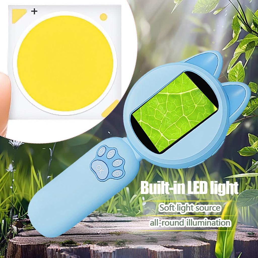 Kids Cat Shape Handheld Microscope 2.0 Inch Handheld Mini Pocket Magnifying Glass Handheld Camera Mini Microscope for Kid Gift
