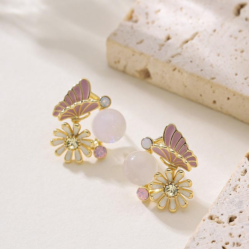 Mori sweet temperament pastoral enamel drop glaze diamond butterfly flower stud earrings niche design earrings розовый