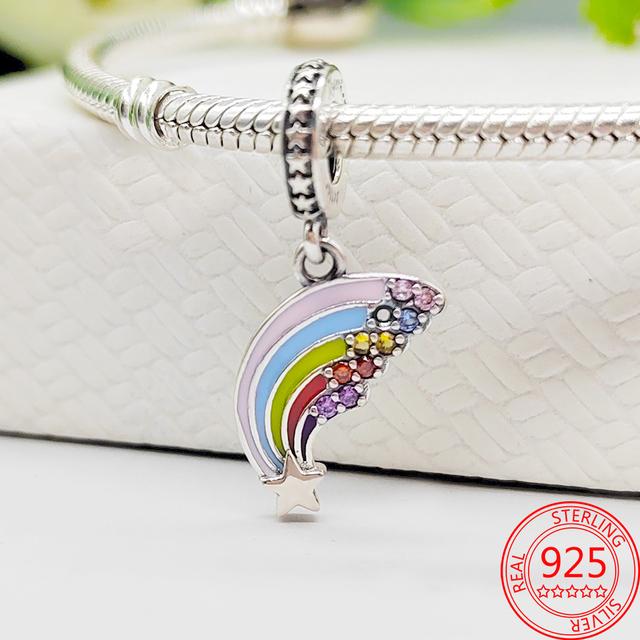Real 100% 925 Sterling Silver Colorful Rainbow Pendant & Dream Catcher Heart Charm Fit Fashion 3mm Bracelet Romantic Gift