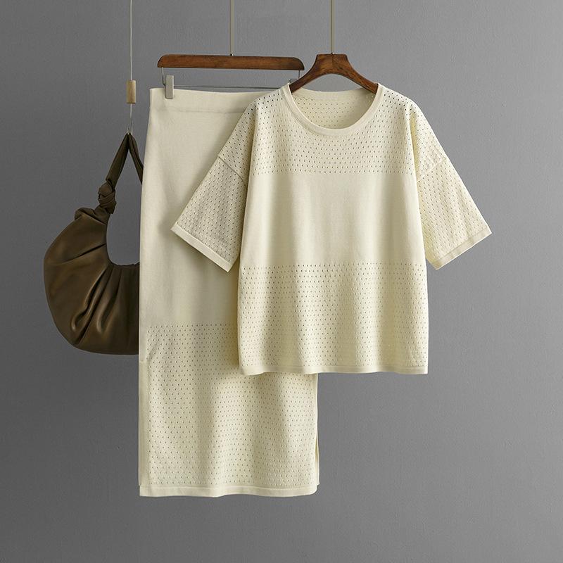 GMXIA Summer Hollowed-out Short-sleeved Knitted Top and Skirt Two-piece Women's Solid-color Casual Suit