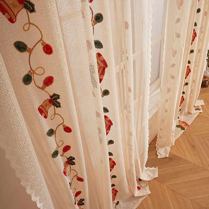 American Style Christmas Embroidered Sheer Curtain Festive Window Decor Living Room Bedroom Balcony