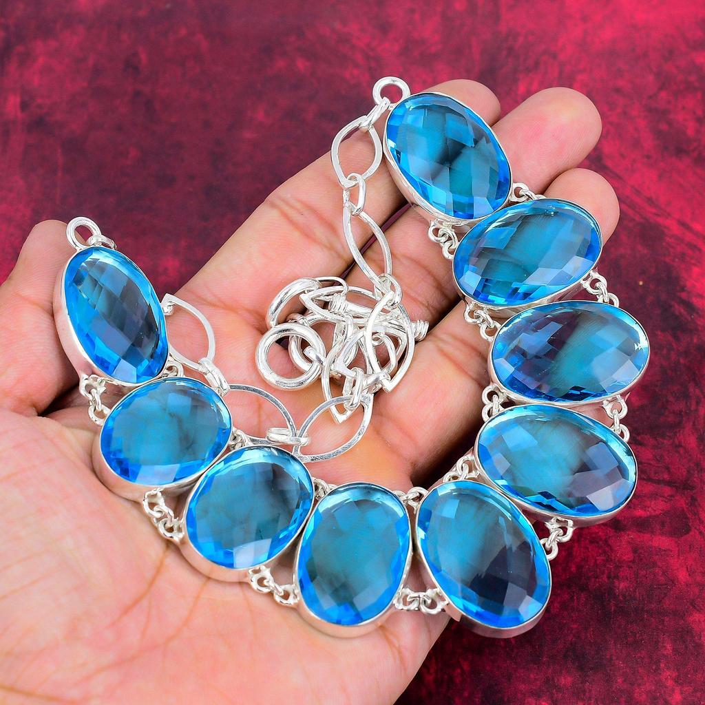 Colier lucrat manual cu piatră prețioasă cu topaz albastru fațetat, colier cu lanț reglabil din argint solid 925 Bijuterii frumoase pentru cadou