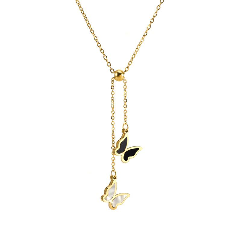Women s Trendy Titanium Steel Shell Tassel Double Butterfly Necklace - Waterproof and Stylish in Black & White