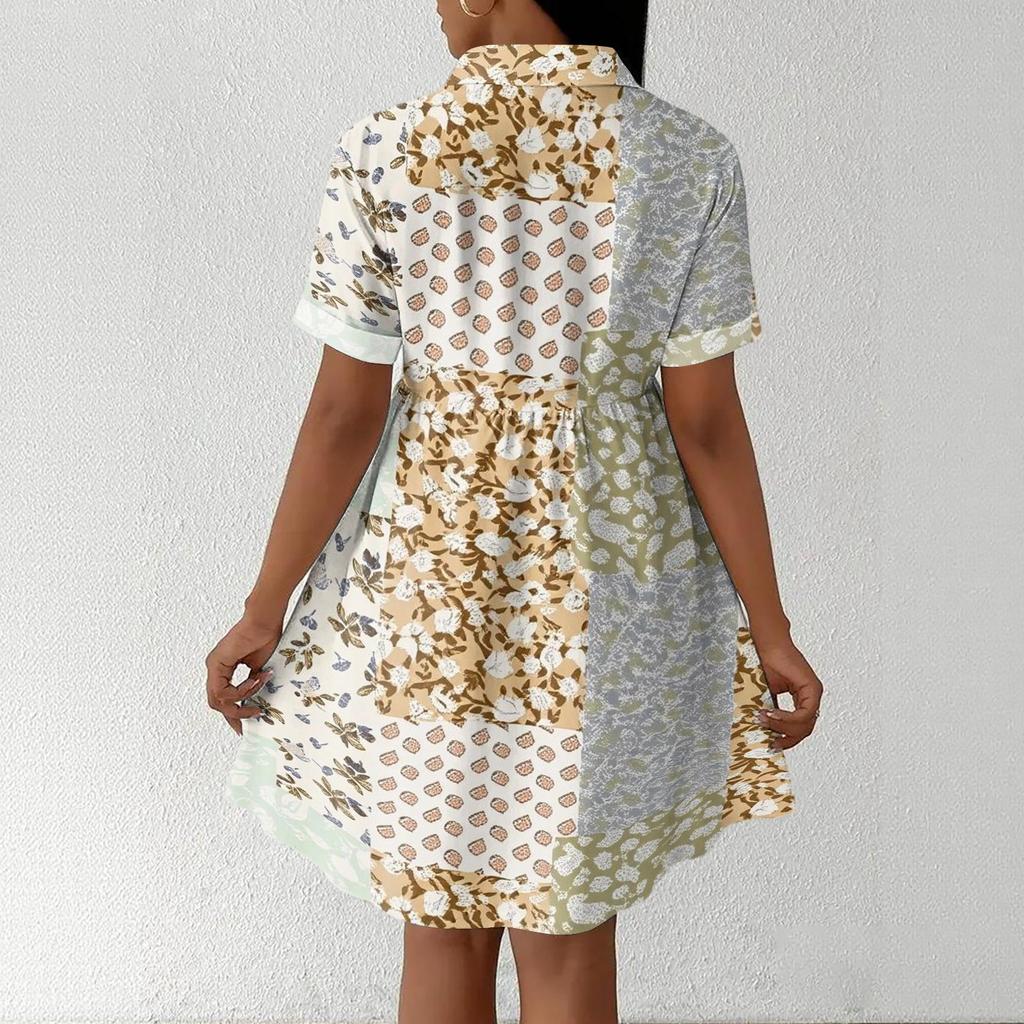 Women’s Casual Loose Fit Shirt Dress with Button Front Stand Collar Short Sleeve Patchwork Print Lightweight Design