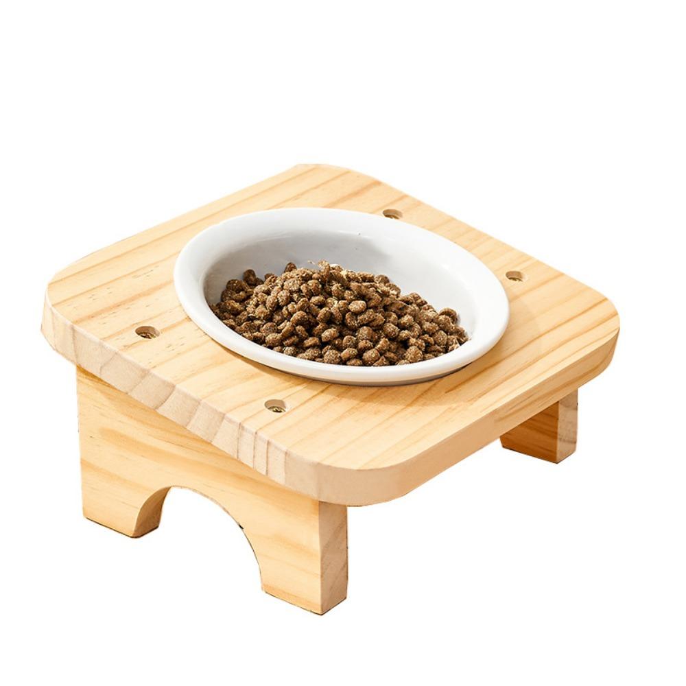 Protect Cervical Spine Elevated Pet Feeder with Wood Stand Tilted Cat Dish Ceramic Cats Bowl  Water
