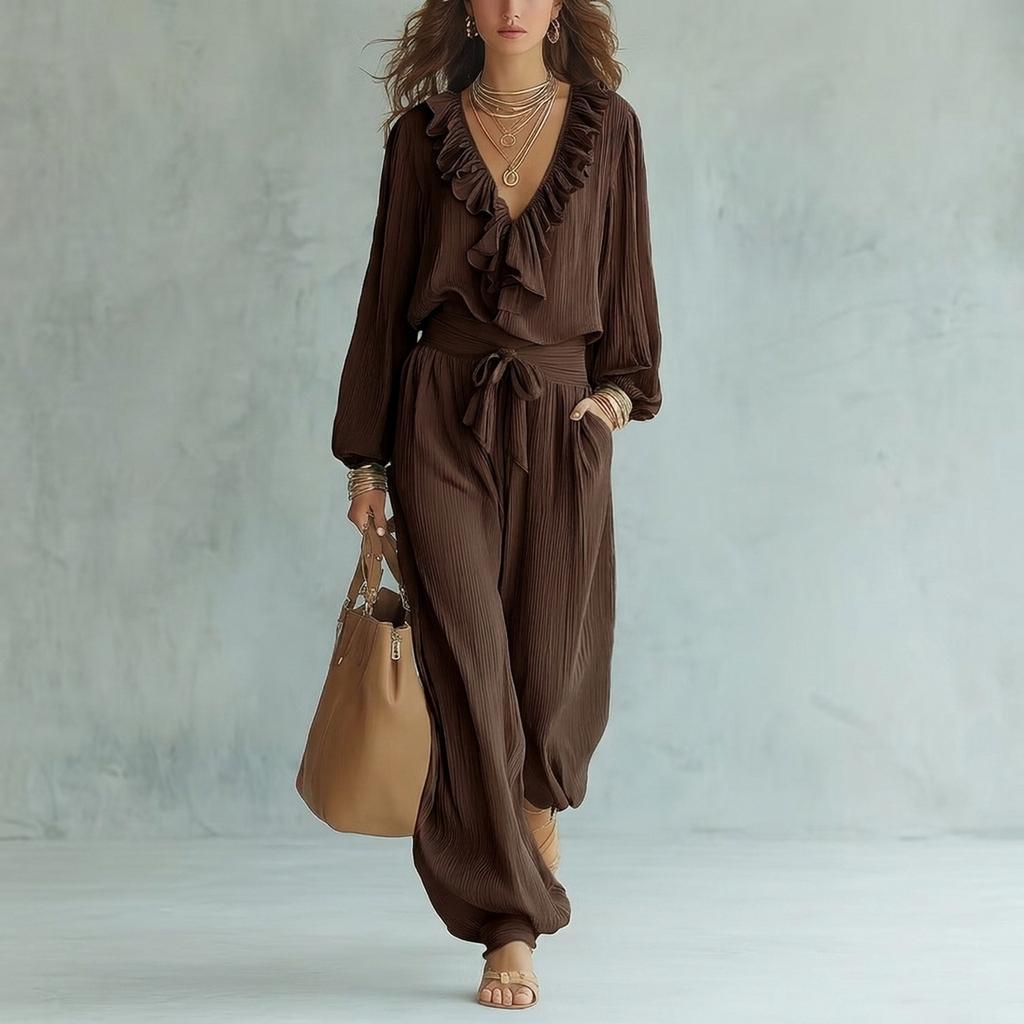 Tuta da donna con scollo a V, maniche lunghe, volant, vita alta, cintura da annodare, caviglie con polsini, per uso casual quotidiano