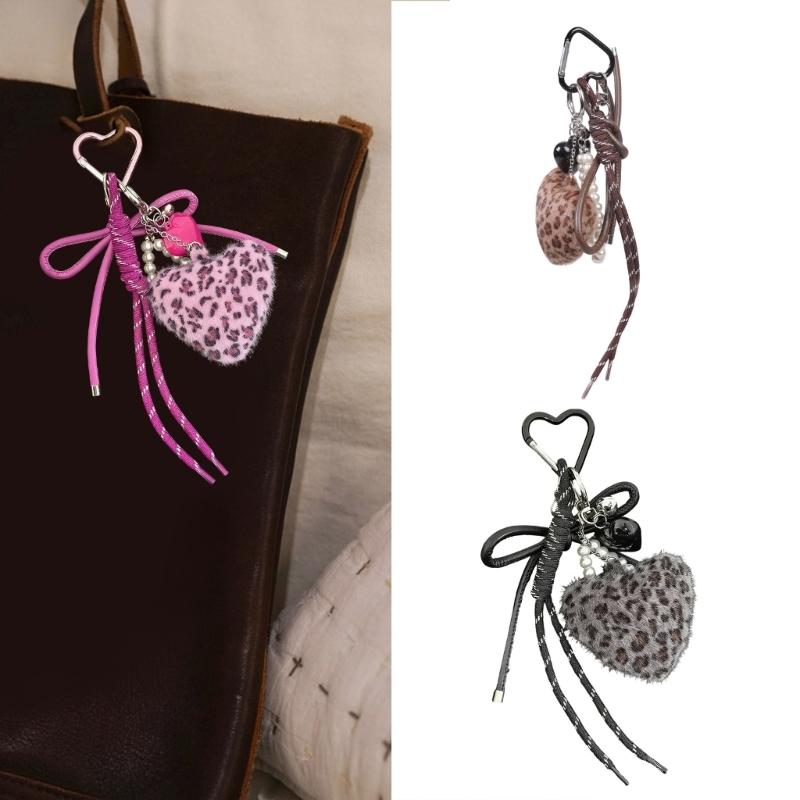 Stylish Leopard Print Plush Keychain Adorned With Artificial Leather Heart Bag Charm for Women Fashion Accessories