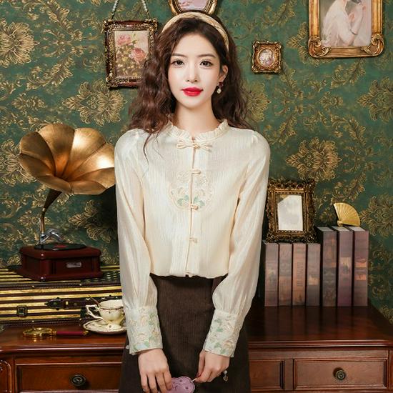 Women's Spring Retro Embroidered Chiffon Blouse with Frog Buttons and Stand Collar in Apricot