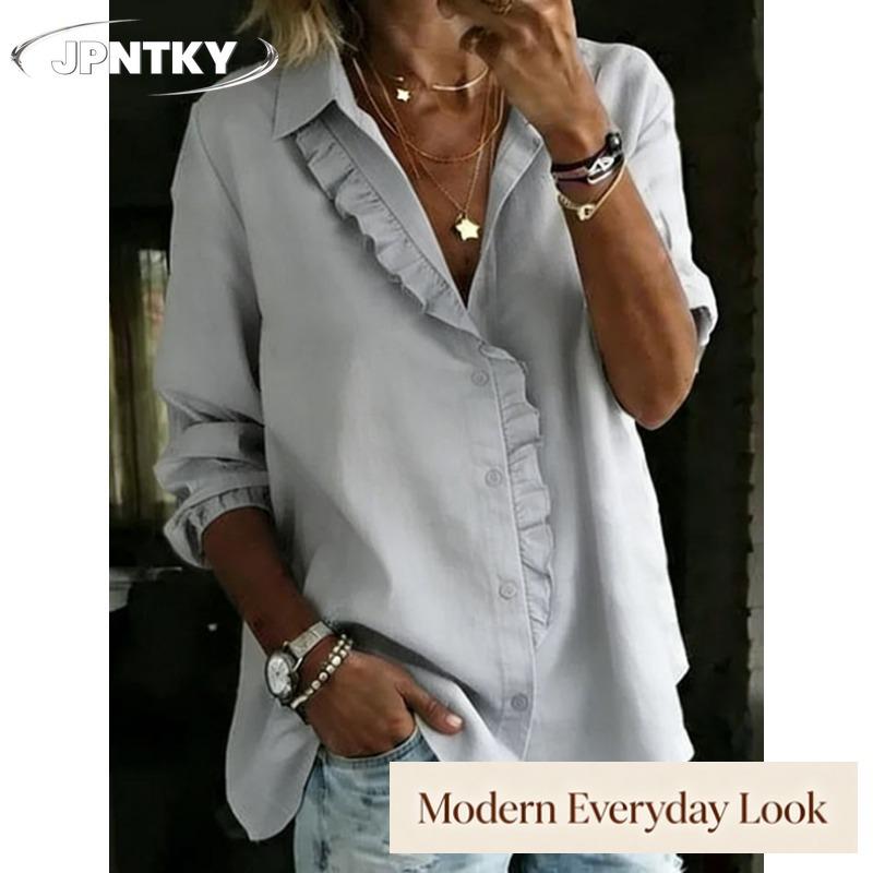 Blusas y Camisas Casuales de Moda para Mujer JPNTKY Estampado de Color Sólido Manga Larga Cuello en V
