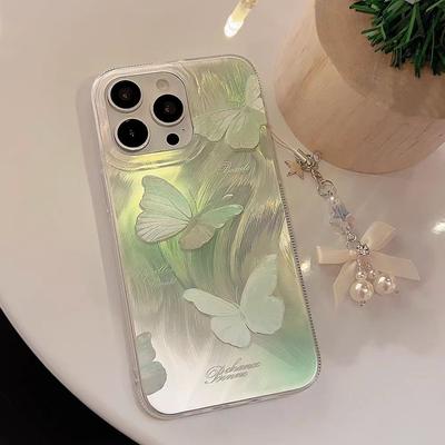 Etui w stylu koreańskim Premium do iPhone'a 15 Pro Max 14 13 12 11 Xsmax XR - niebiesko-zielony brokatowy motyl dla kobiet dziewcząt damskich trwała, odporna na stłuczenia obudowa