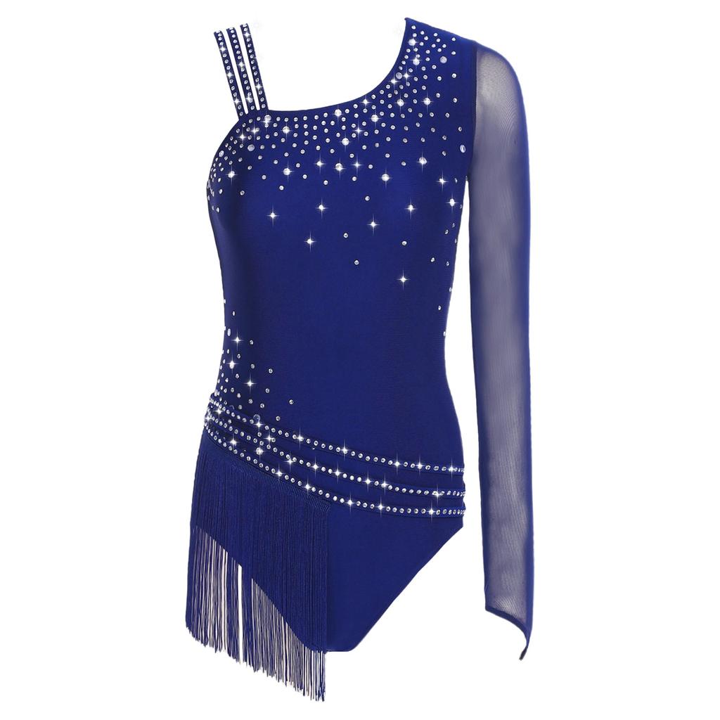 Womens Gymnastics Leotard Asymmetric Shoulder Design Glittery Rhinestone Tassel Fringe Bodysuit Latin Dancewear