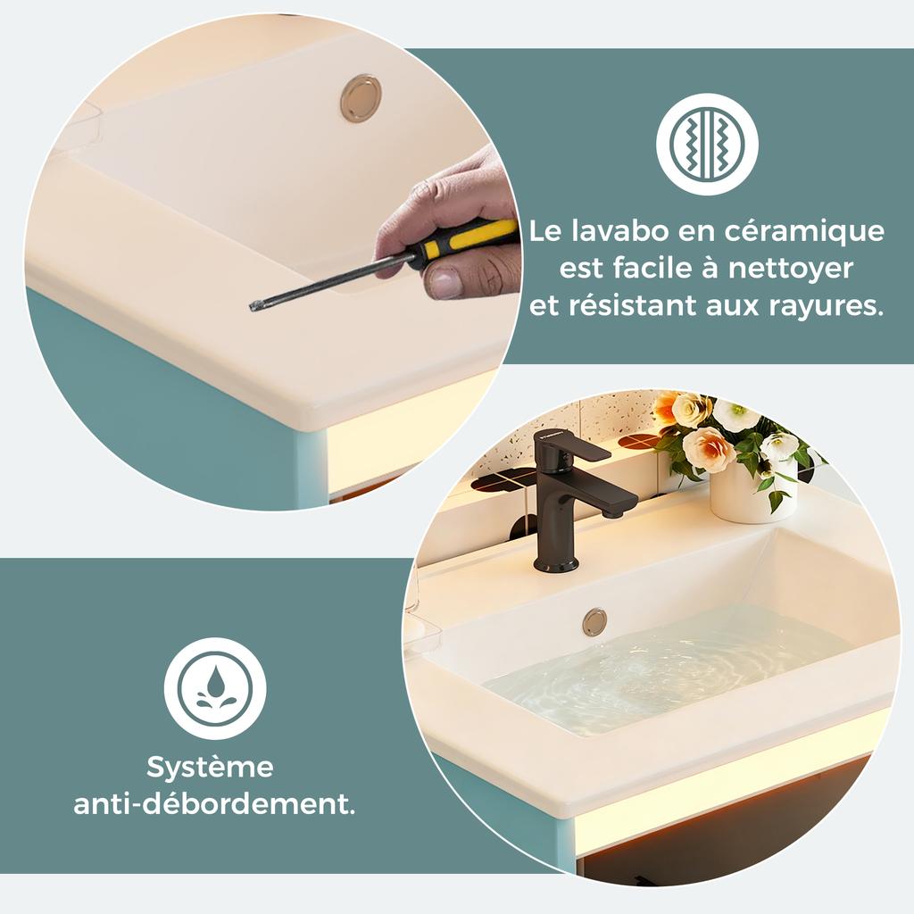 61*46.5*87Cm, freestanding bathroom washstand, lacquered surface, integrated ceramic basin, soft-close hinges, two drawers, high-leg design, blue.