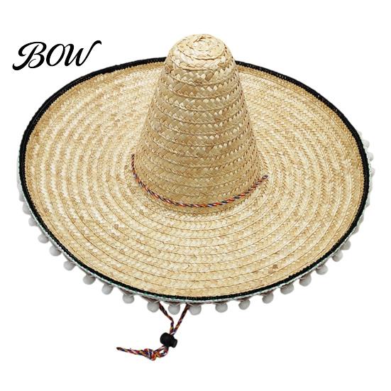 Theme Party Hat Mexican Sombrero with Colorful Poms, Hawaiian Style Woven Straw Sun Hat, Wide Brim Lightweight Costume for Summer Beach