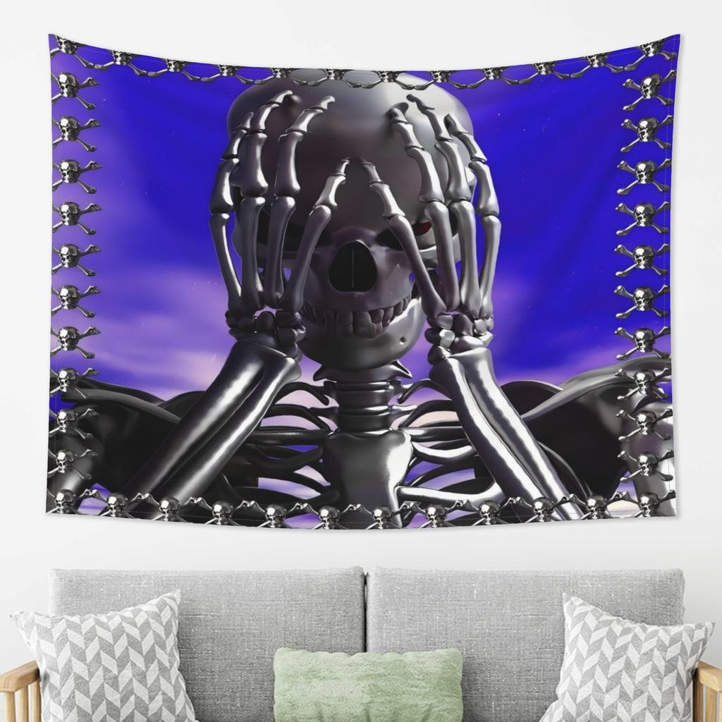 Gothic Skeleton Skull Tapestry Wall Hanging Halloween Decor Spooky Skeleton Art Polyester Fabric Poster for Man Cave Home Decora