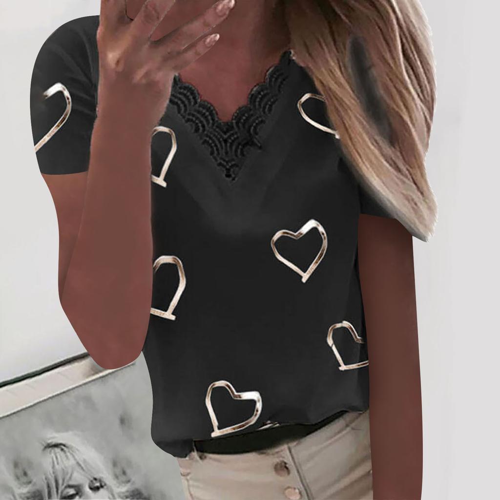 Women Hearts Print V-neck Lace Patchwork Short Sleeve T-shirt Pullover Blouse