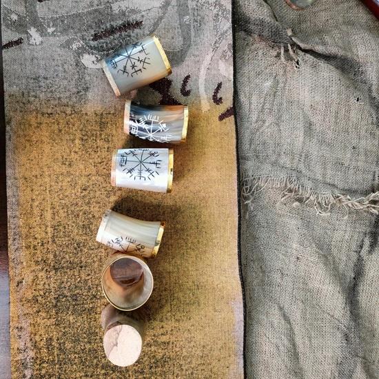 Set of 6 Viking Horn Glasses with Gold Rim Small Beer Whiskey Cups Vegvisir Symbol Drinkware Handmade Gift