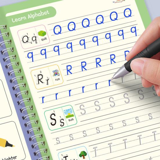 4Pcs Grooved Writing Practice Book with Pens Refills Pencil Gripper Reusable Kids Handwriting Practice Workbooks Alphabet Tracing Learning Book