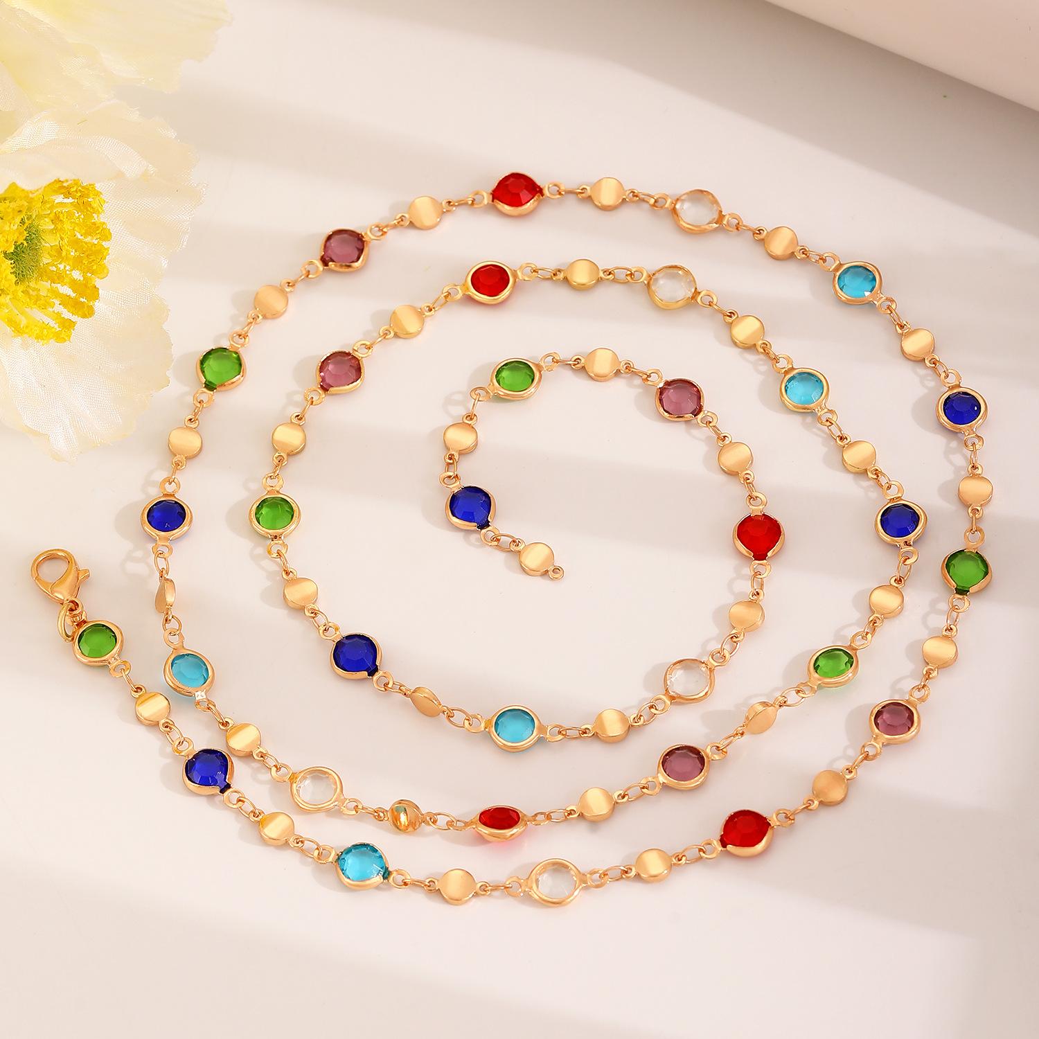 Gold Tone Rainbow Crystal Lariat Necklace, Multi-Color Bezel-Set Y-Shaped Chain Necklace for Women
