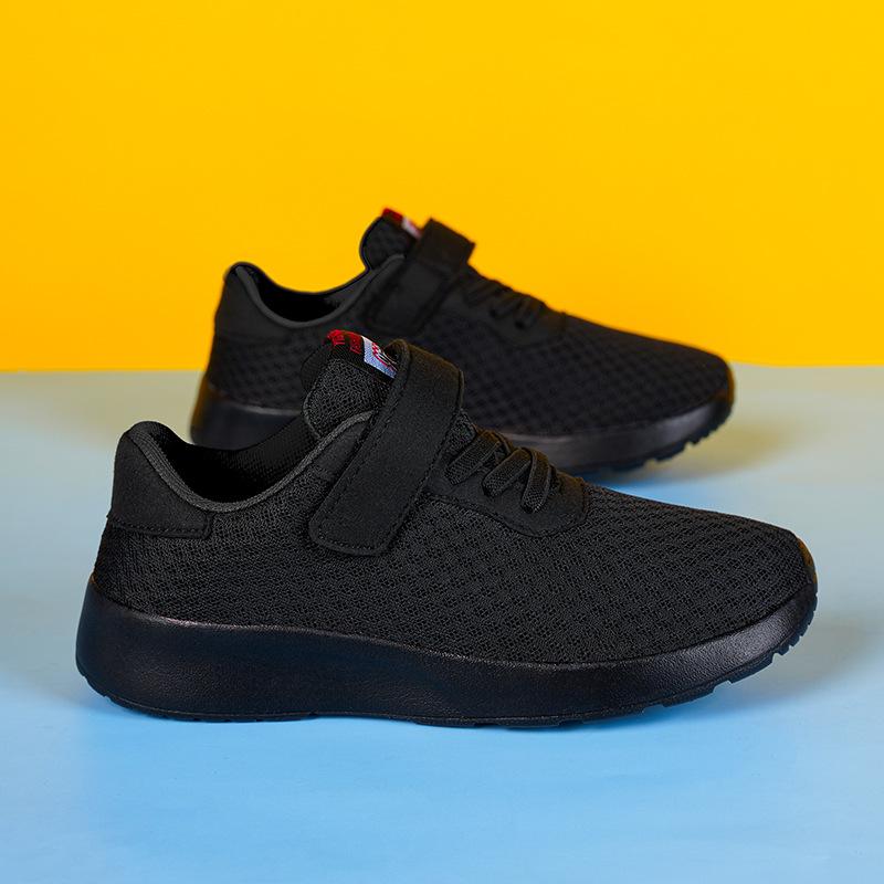 Breathable Boys' Double Mesh Running Shoes - Soft Sole, All Black, Medium to Large Sizes