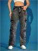 European & American Fashion Multi-Pocket High Elastic Denim Chain Work Pants