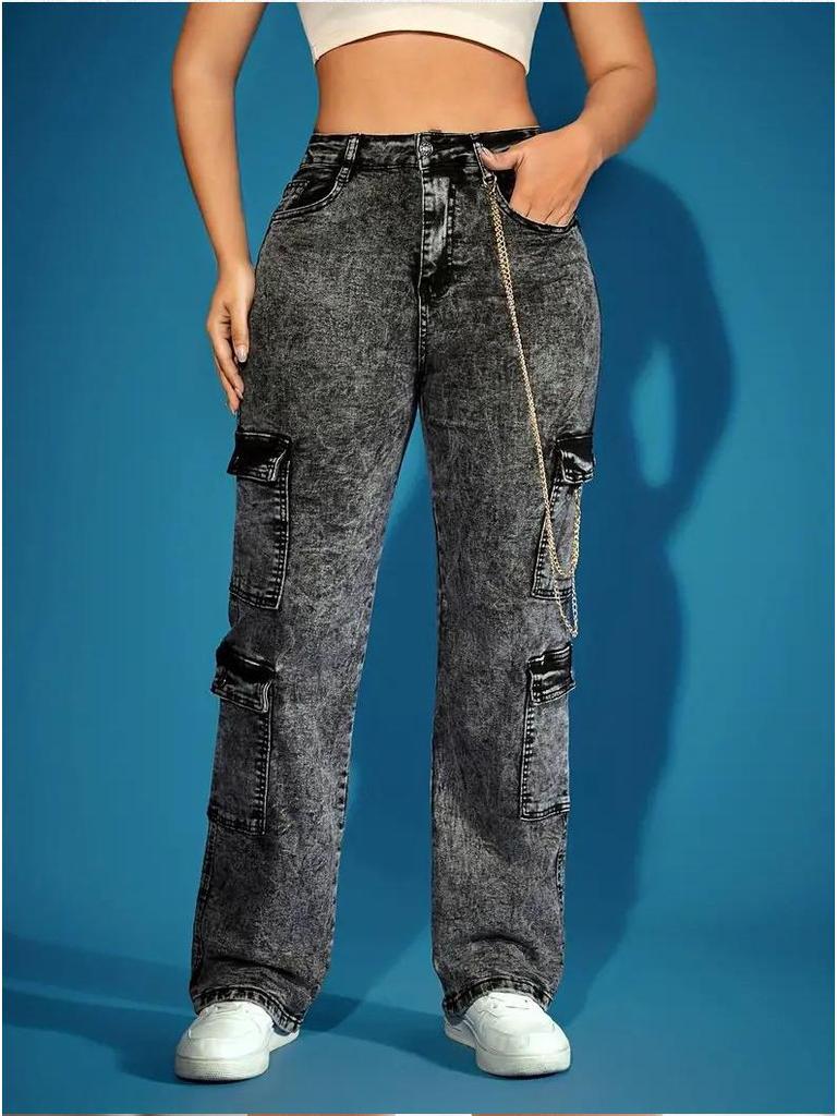 Europäische & Amerikanische Mode Multi-Taschen Hochelastische Denim Kette Arbeitshose