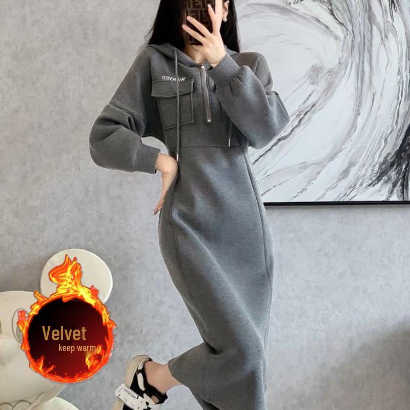 Women's European-Style Grey Hooded Sweatshirt Dress - Textured, Cinched Waist, Slimming, Casual Autumn/Winter Wear