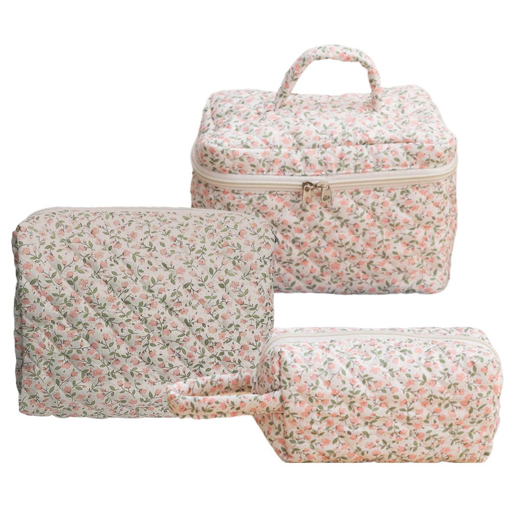 3Pcs Floral Toiletry Bag Cotton Quilted Makeup Organizer Storage Bag Large Capacity Cosmetic Organizer Case for Women and Girls