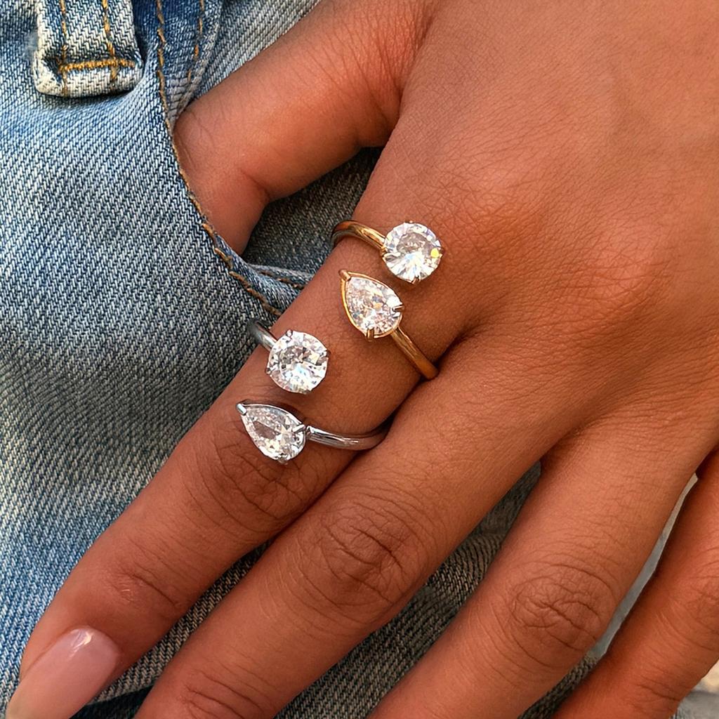 Stainless Steel Shiny Zircon Ring Women Water Drop Geometric Open Ring Light Luxury Minimalist Banquet Hand Jewelry Accessories