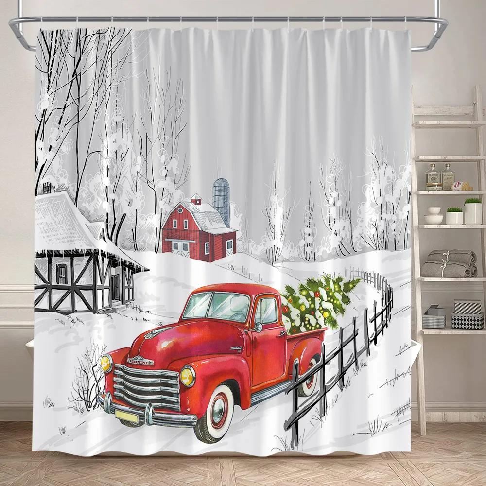 Red Christmas Shower Curtain Set Green Pine Branches Rope Ball Winter New Year Xmas Bathroom Decor Rug Bath Mat Toilet Lid Cover