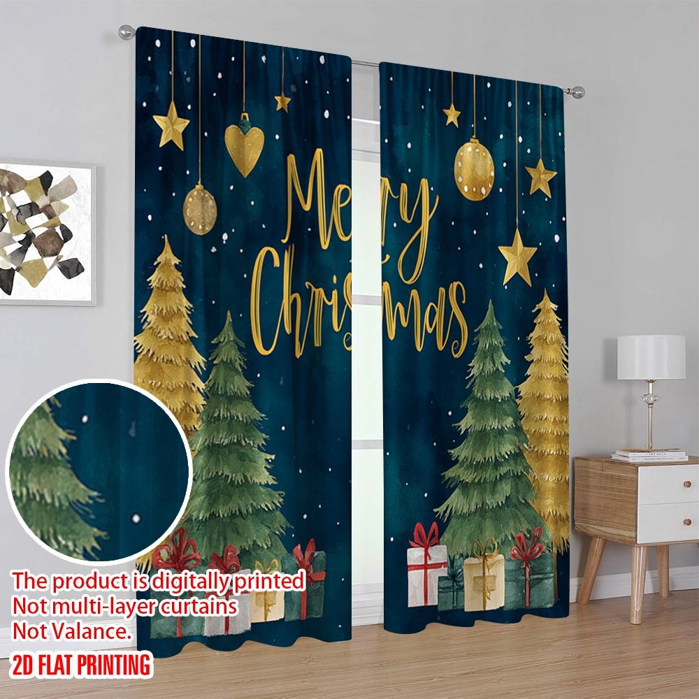 2pcs,2D Plane Printing Pattern Curtains Christmas Pine Trees Polyester Easy Install (without Rod) Versatile All Perfect for