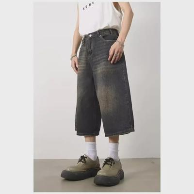 Men's Dark Blue Denim Wide-Leg 7-Point Shorts - Trendy, Loose, and Versatile Summer Wear