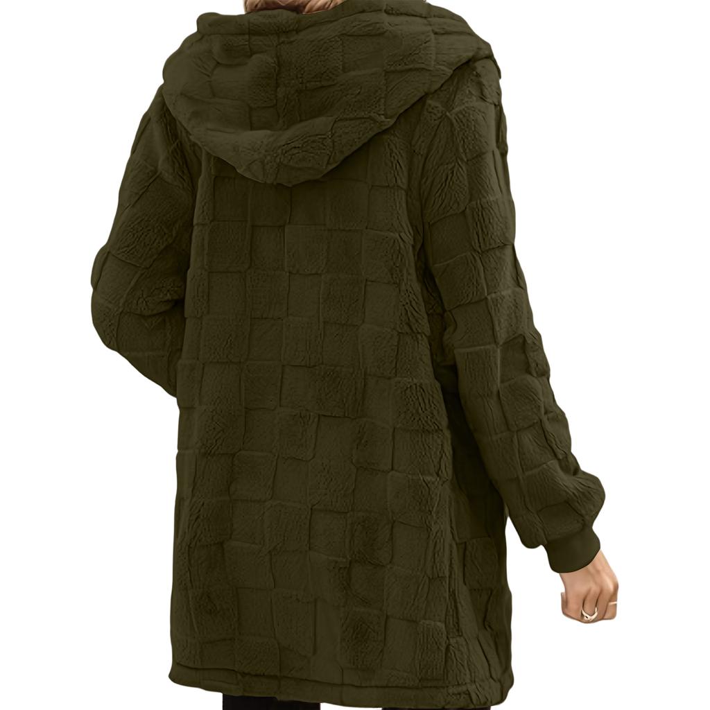 Women's Fashionable Casual Warm Thick Checkered Plush Mid-length Elegant Button And Zipper Cardigan Coat