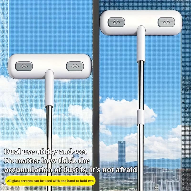 Magic Window Cleaning Brush for Screen Windows/Glass, Pet Hair Remover - Reusable Household Tool with Extendable Double Rods (Adjustable Length)