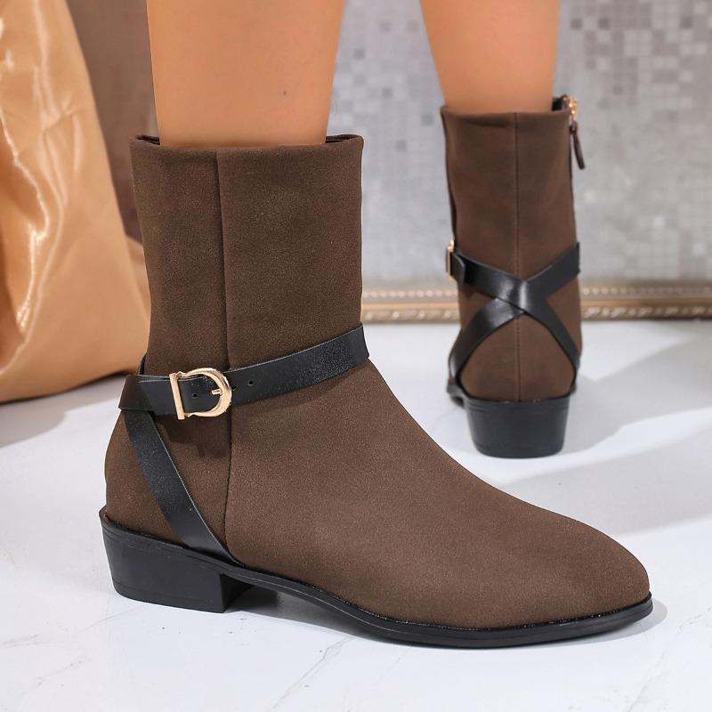 Spring Autumn Boots RoundToe New Booties Round Toe Spliced Side Zipper Soft Sole Anti slip Wear resistant Block Heel Shoes