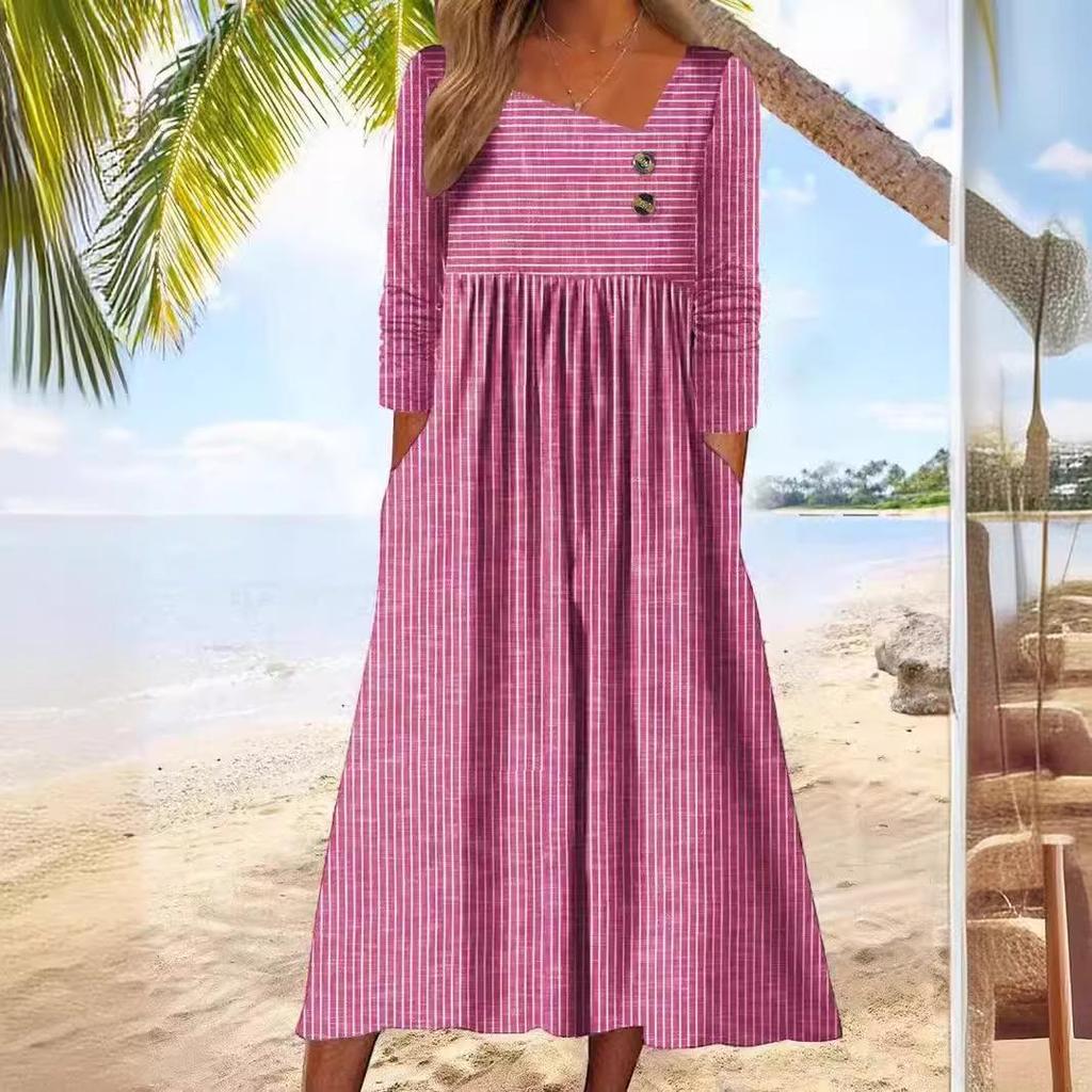2023 Autumn Casual Loose Striped Long Sleeve Dress