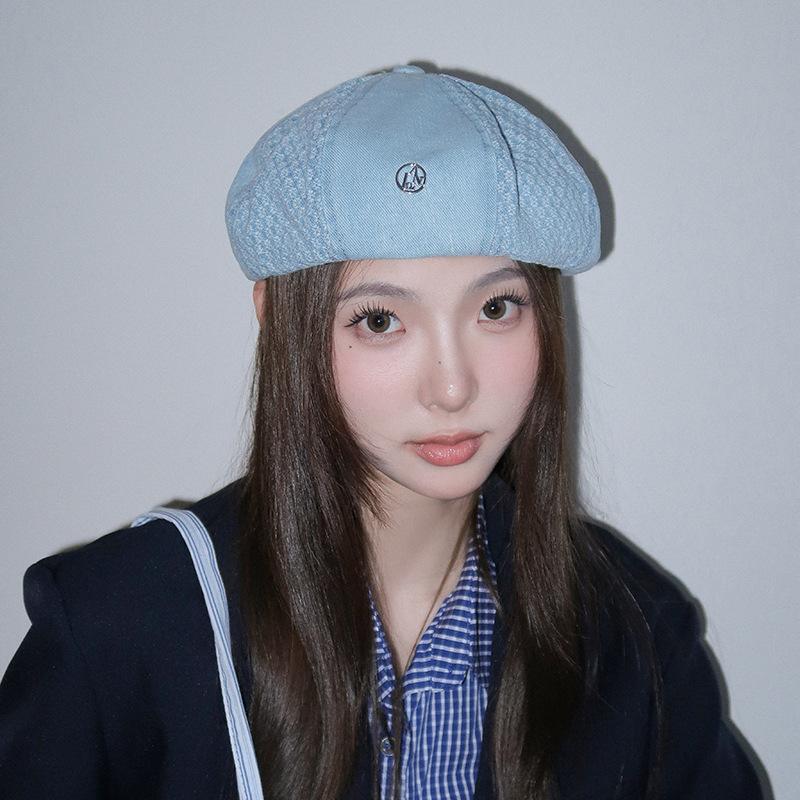 25 early autumn new niche splicing denim beret women's printing trendy painter hat