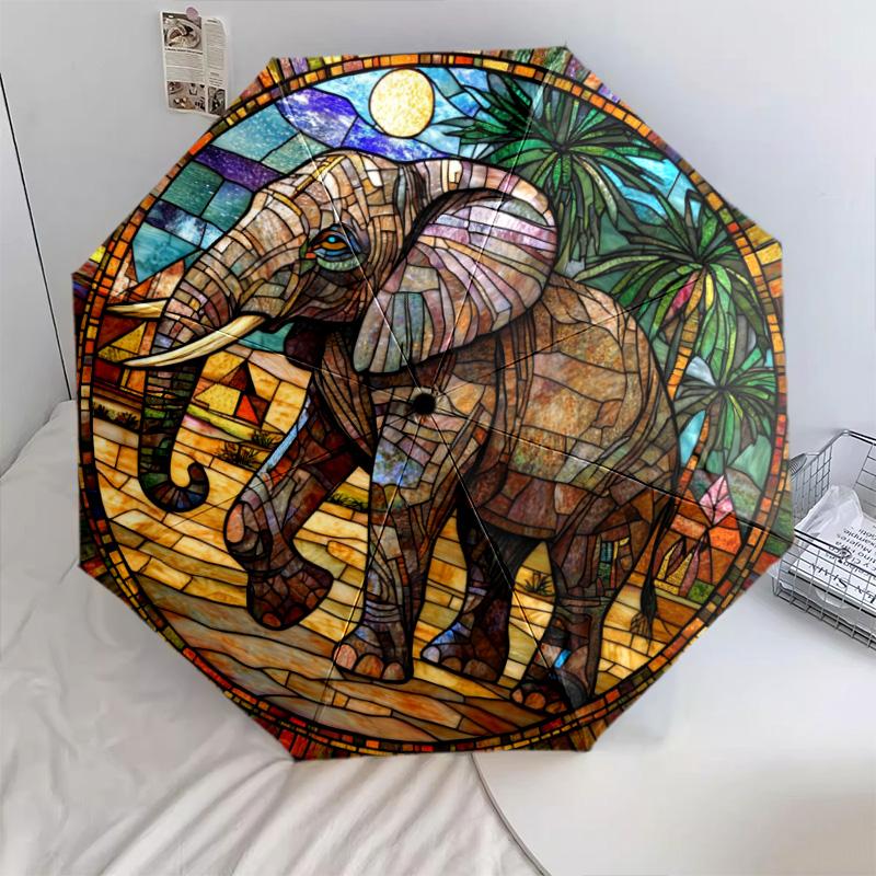 0106 Parasol automatycznie składany, wzór Słoń w oknie szklanym, przenośny i składany design, 8 żeber, prezent na Boże Narodzenie lub urodziny.