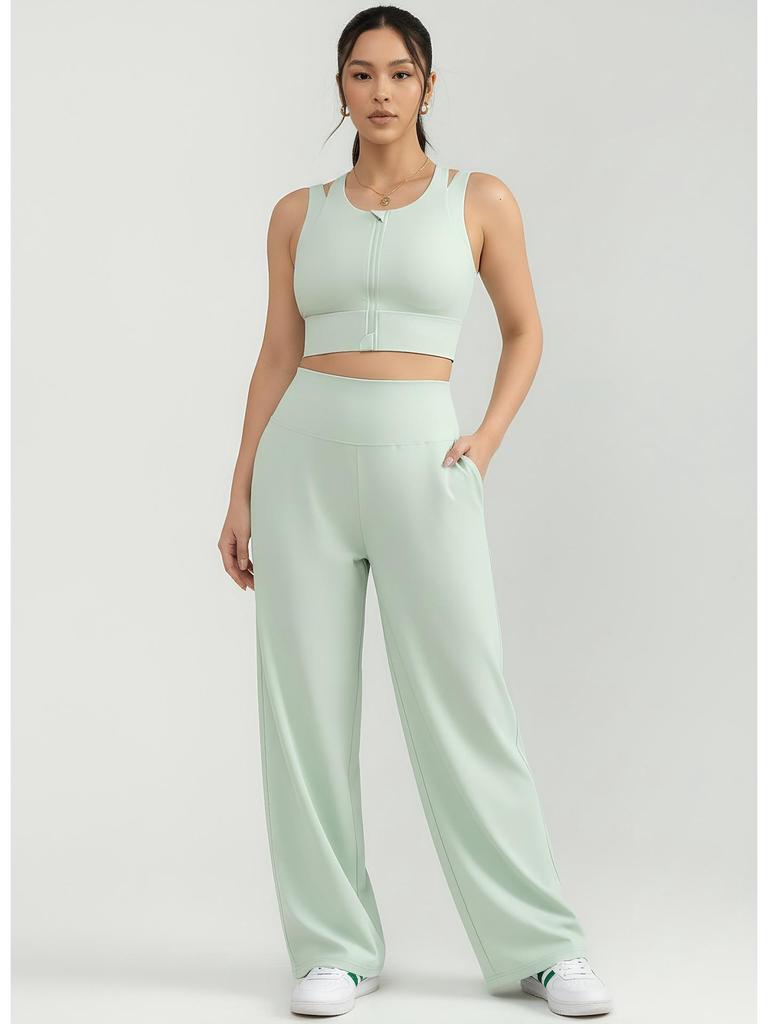 Light Green Front Zip Sports Bra with Fixed Pad: Shockproof and Stylish for Women