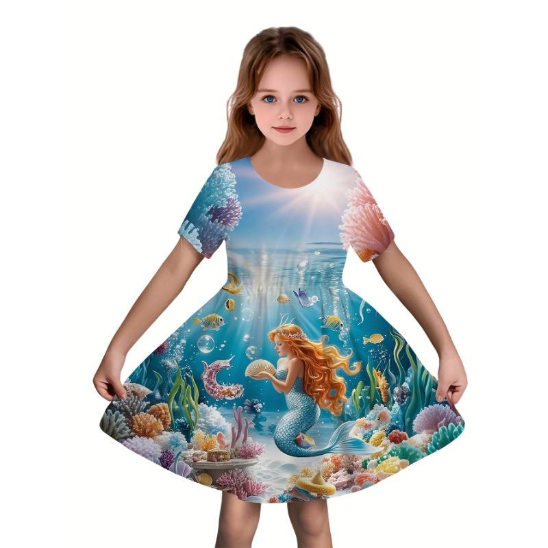 

A Dress with Short Sleeves Showcasing a 3D Digital Design of a Whimsical Mermaid Girl 110