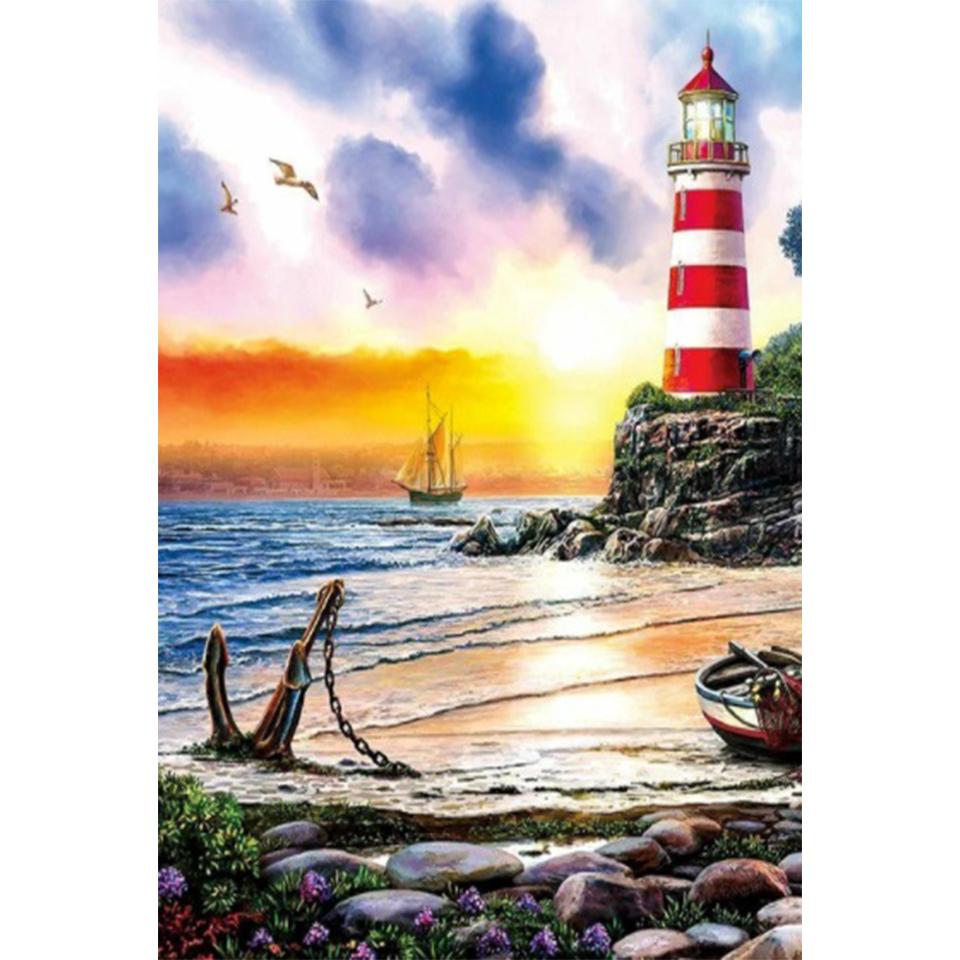 DIY 5D Lighthouse Landscape Diamond Painting Rhinestone Picture Full Round Full Diamond Embroidery Gift Mosaic Decoration Kit